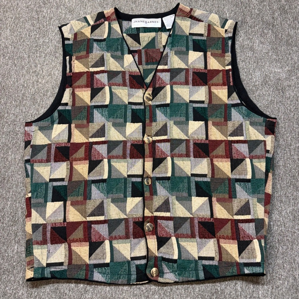 Vtg Jhane Barnes‎ Mens Geometric Tapestry Sweater Vest Wool Blend Large